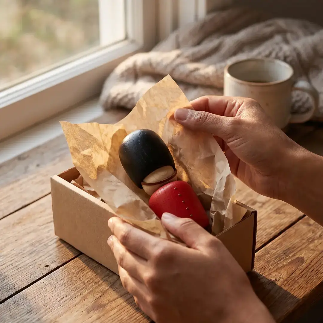 Hands unwrapping a gift, a wooden figure inside the box